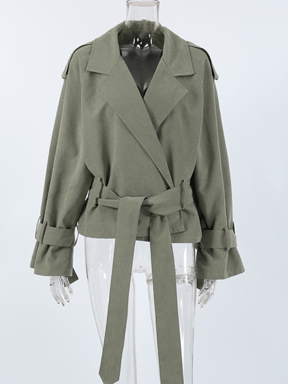 💚 Classic Olive Green Tie-Waist Cropped Trench Jacket Coat